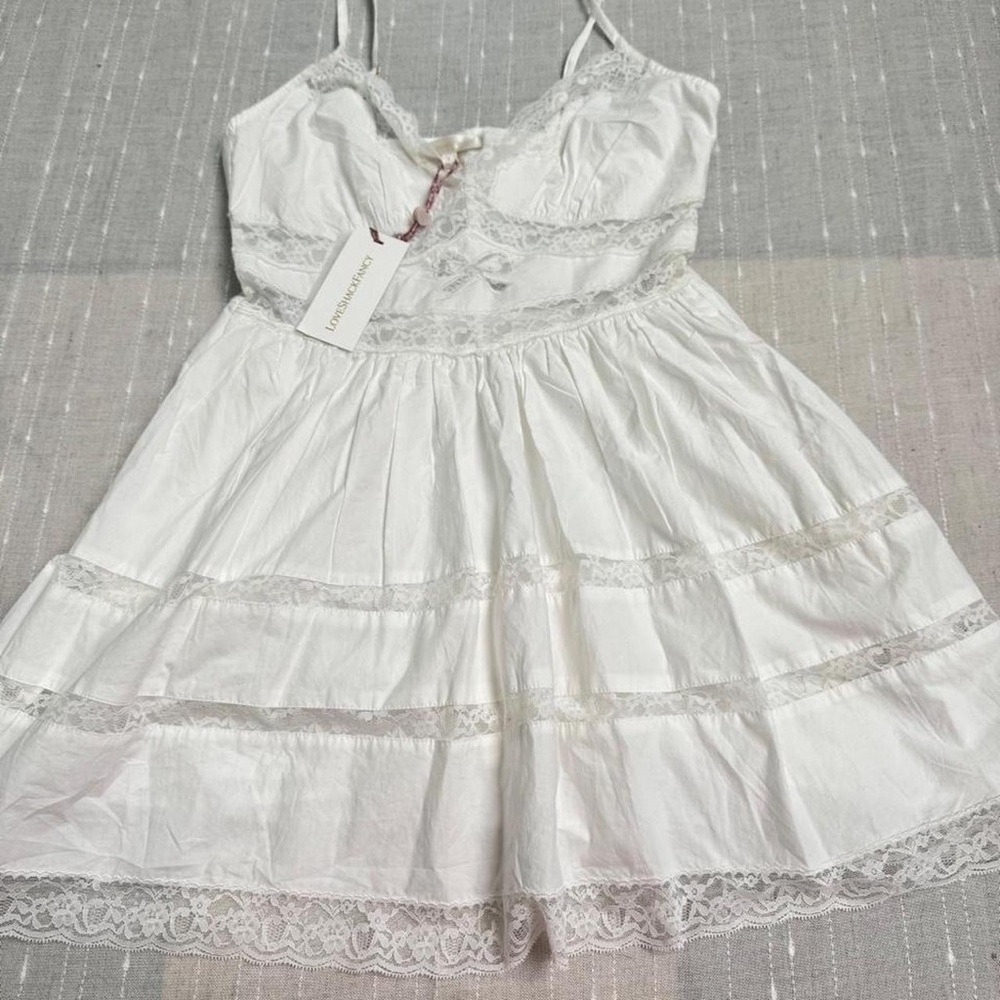 LoveShackFancy White Lace-Trim Spaghetti Strap Dress
